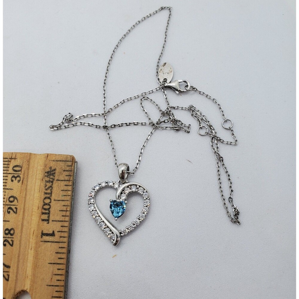 Sterling Silver and Blue CZ Heart Necklace 19" 925